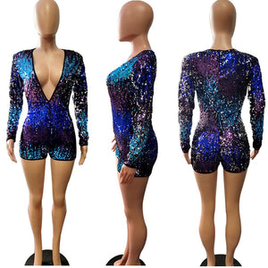 Sheath Long Sleeve Deep V Neck Sequins Romper