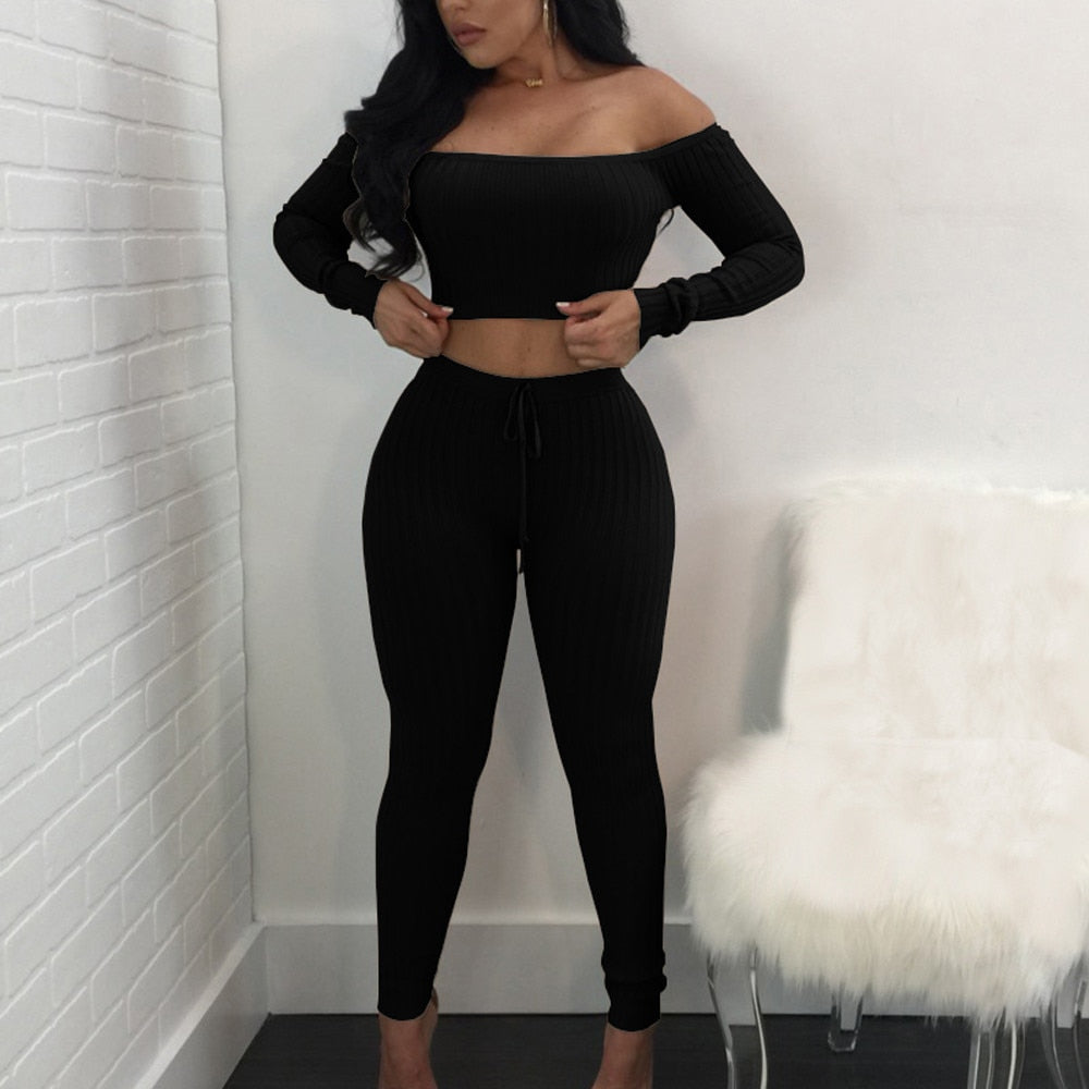 Two Piece Off Shoulder Bandage Crop Top & Leggings Set