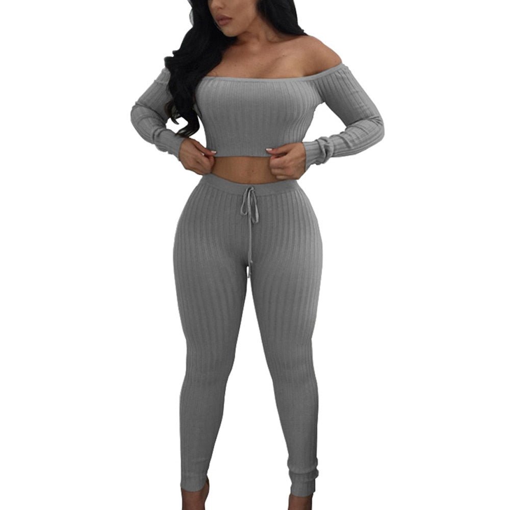Two Piece Off Shoulder Bandage Crop Top & Leggings Set
