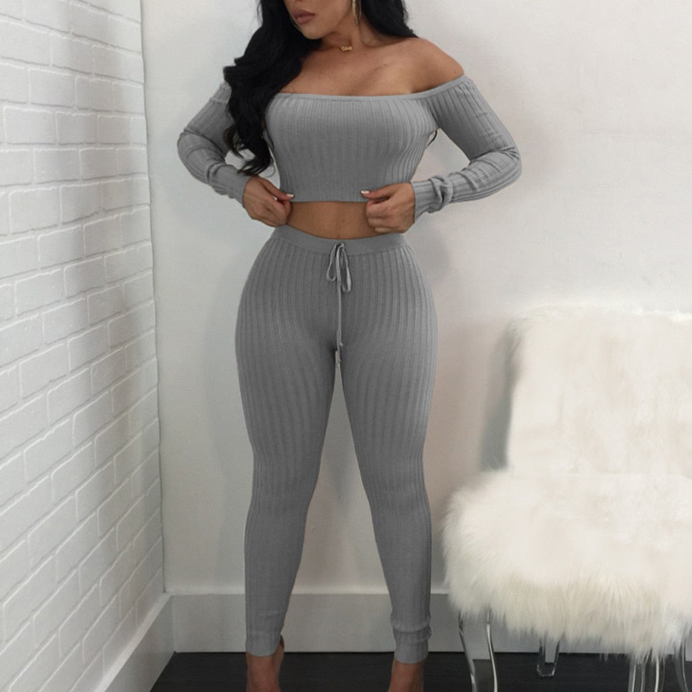 Two Piece Off Shoulder Bandage Crop Top & Leggings Set