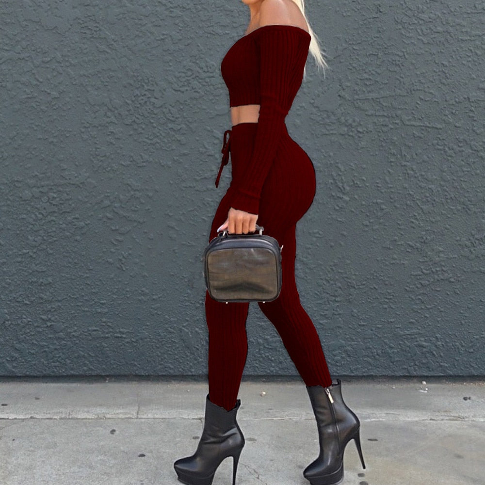Two Piece Off Shoulder Bandage Crop Top & Leggings Set