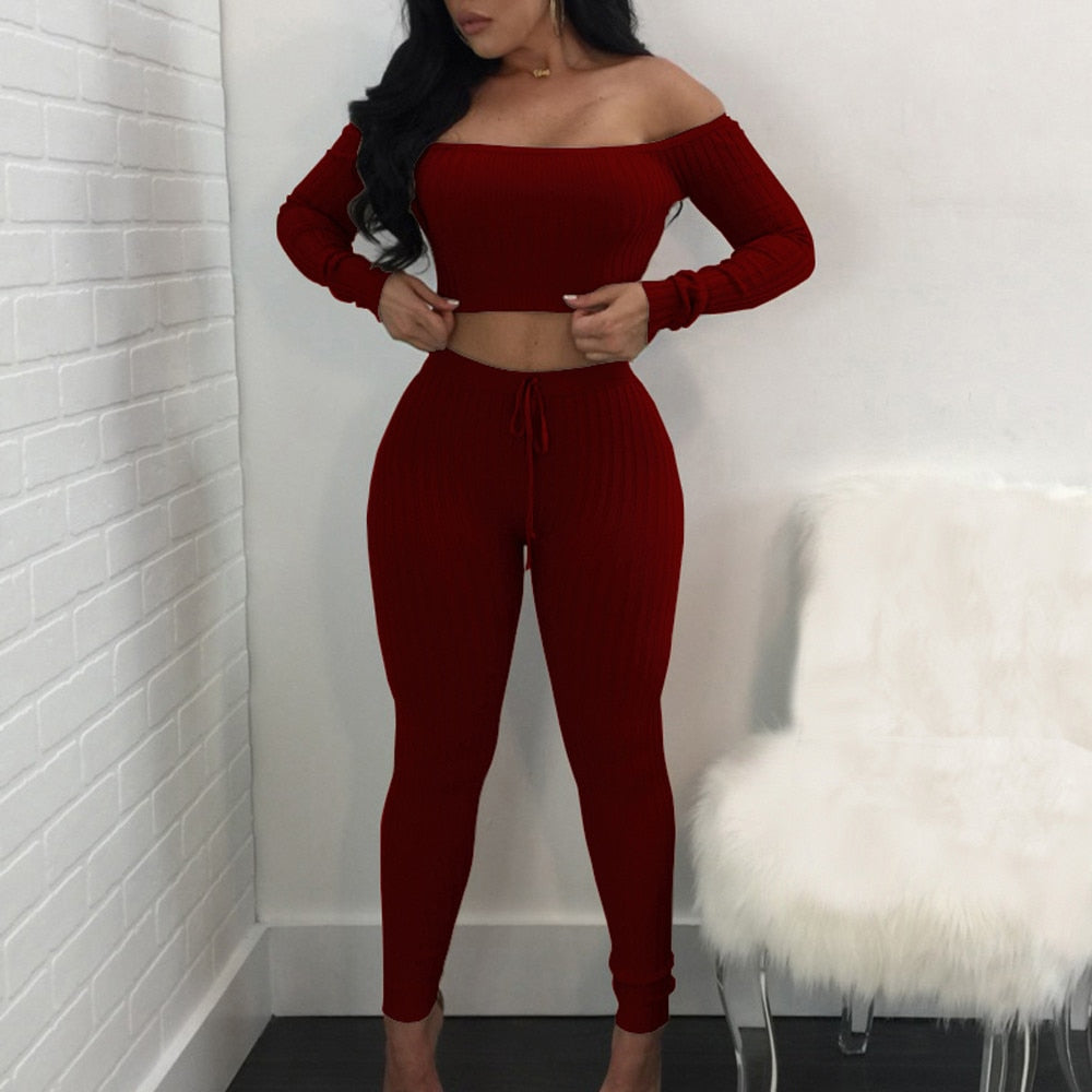 Two Piece Off Shoulder Bandage Crop Top & Leggings Set