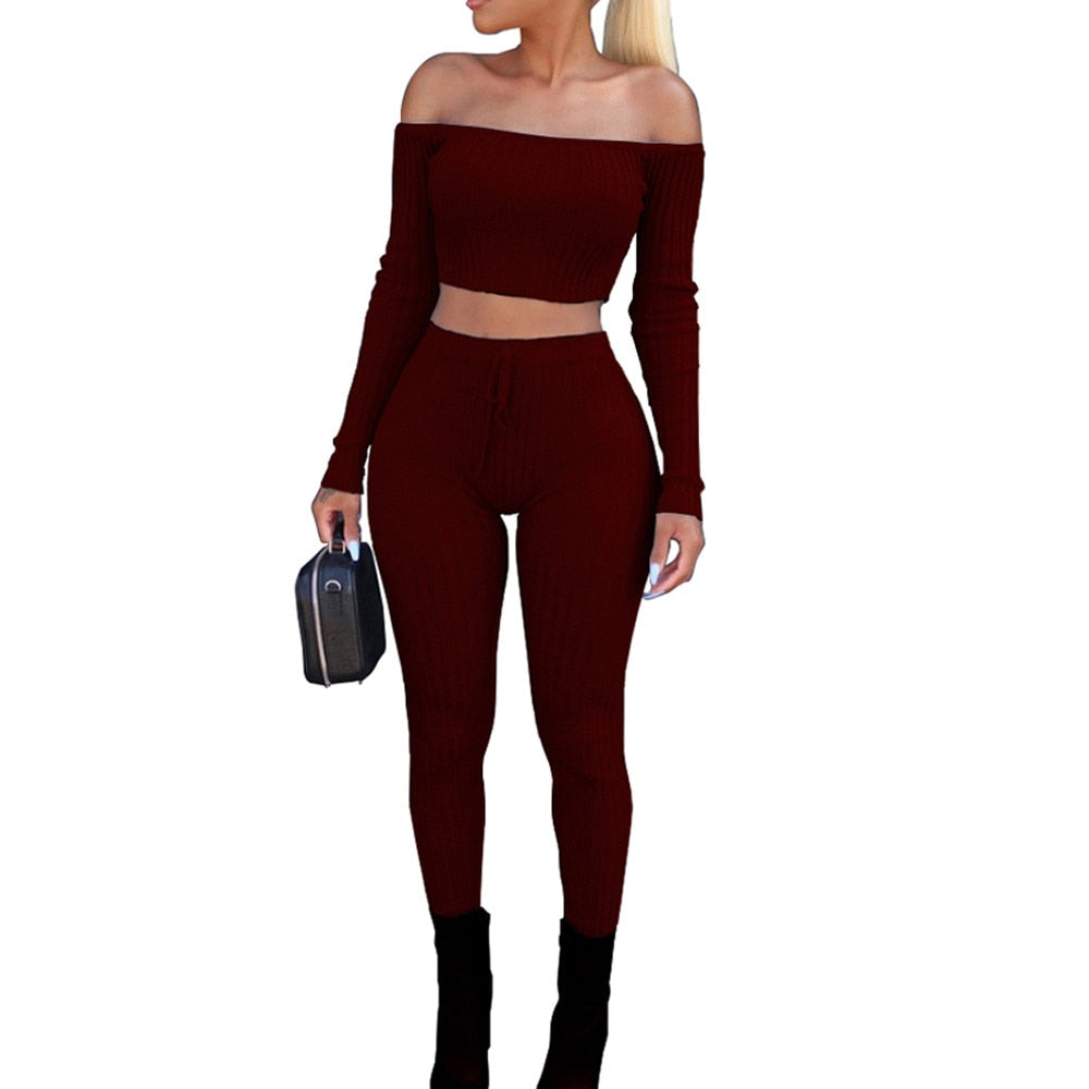 Two Piece Off Shoulder Bandage Crop Top & Leggings Set
