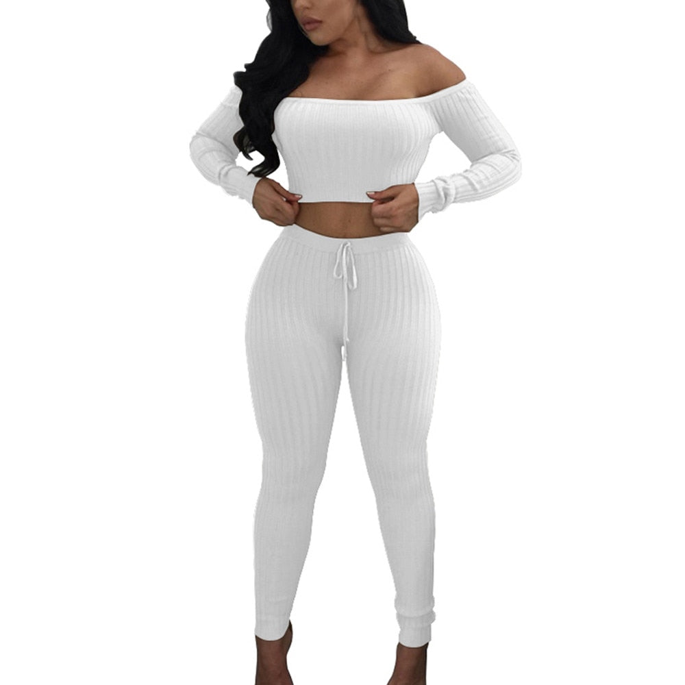 Two Piece Off Shoulder Bandage Crop Top & Leggings Set