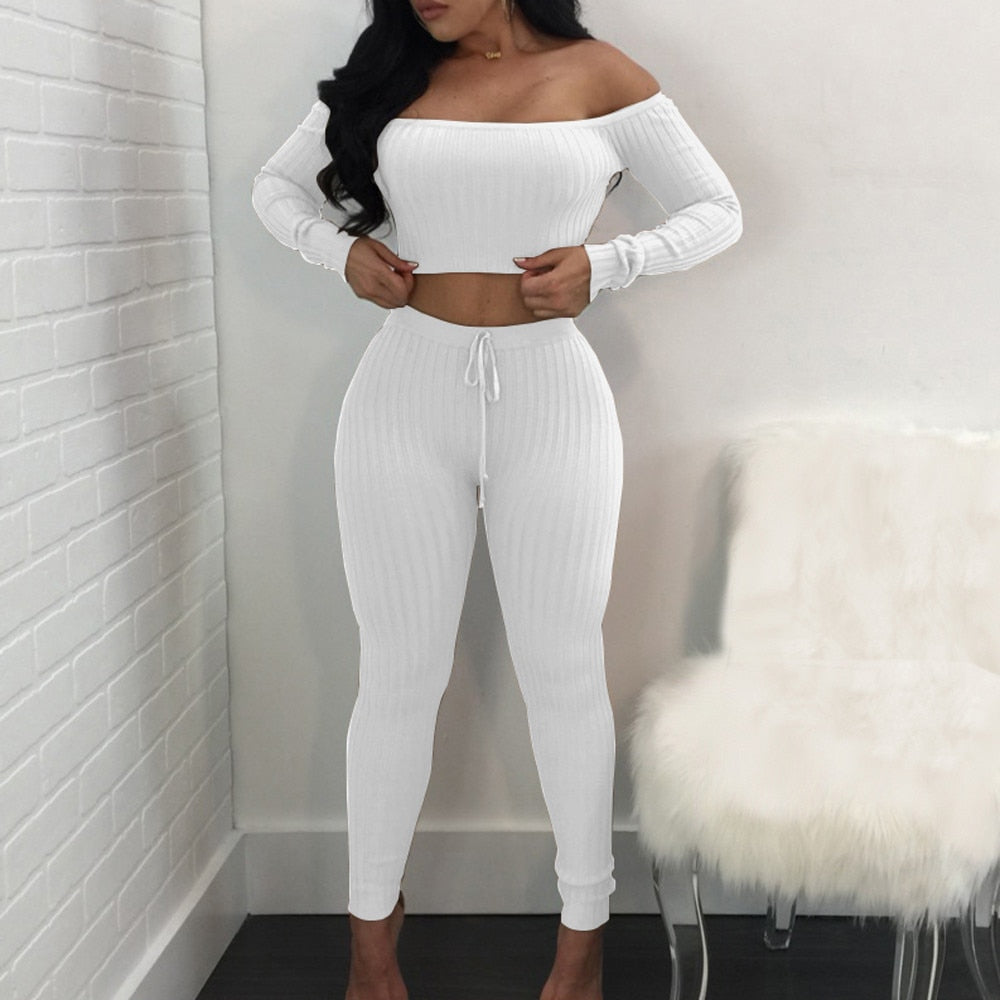 Two Piece Off Shoulder Bandage Crop Top & Leggings Set