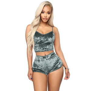 Two Piece Sleeveless Velvet Spaghetti Strap Suit