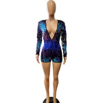 Sheath Long Sleeve Deep V Neck Sequins Romper
