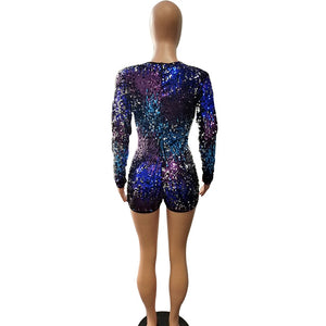 Sheath Long Sleeve Deep V Neck Sequins Romper