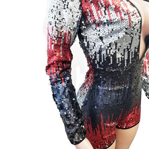 Sheath Long Sleeve Deep V Neck Sequins Romper