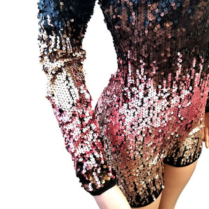 Sheath Long Sleeve Deep V Neck Sequins Romper