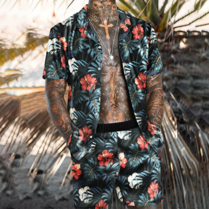Men's Hawaiian Print Short Sleeve + Beach Pants