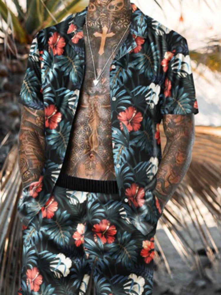 Men's Hawaiian Print Short Sleeve + Beach Pants