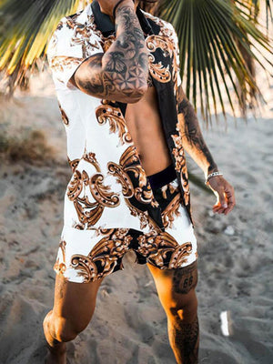 Men's Hawaiian Print Short Sleeve + Beach Pants