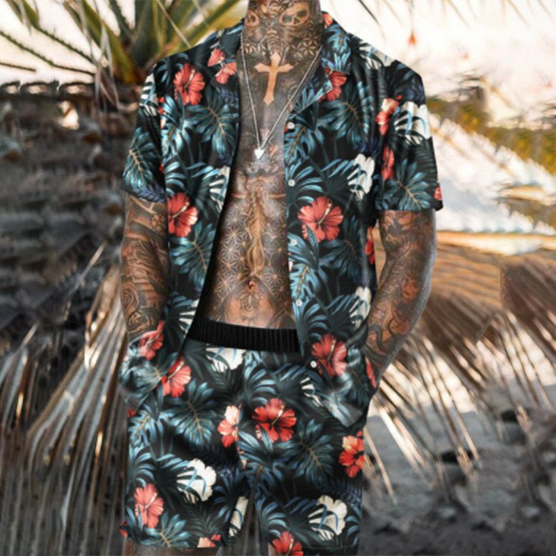 Men's Hawaiian Print Short Sleeve + Beach Pants