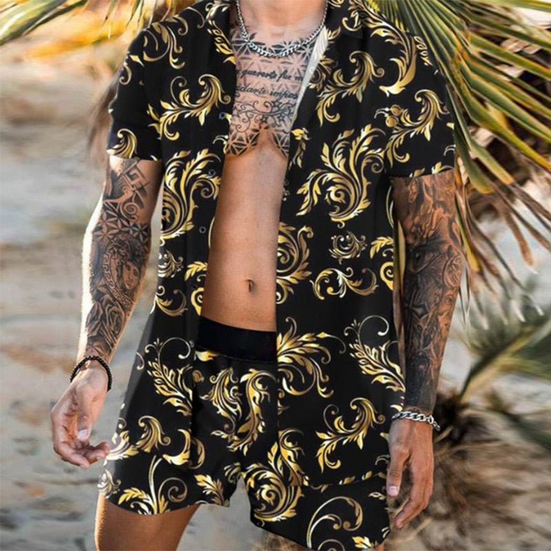 Men's Hawaiian Print Short Sleeve + Beach Pants