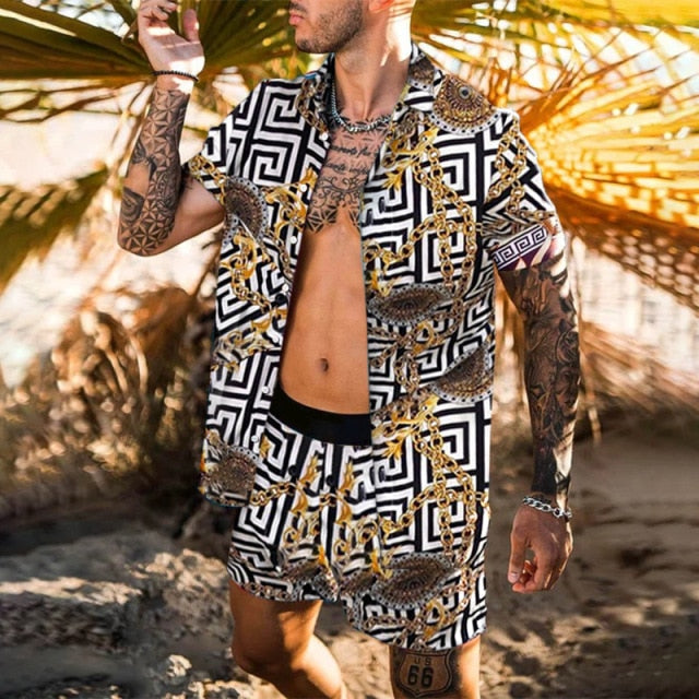 Men's Hawaiian Print Short Sleeve + Beach Pants