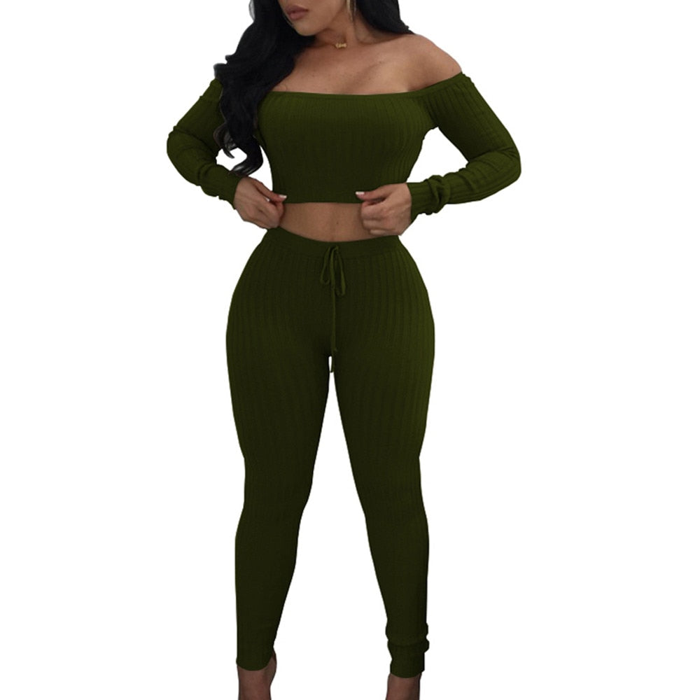 Two Piece Off Shoulder Bandage Crop Top & Leggings Set