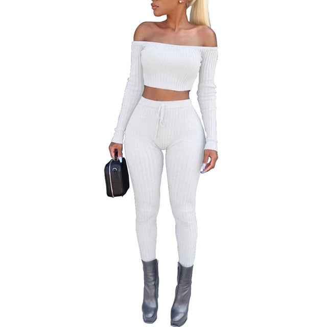 Two Piece Off Shoulder Bandage Crop Top & Leggings Set