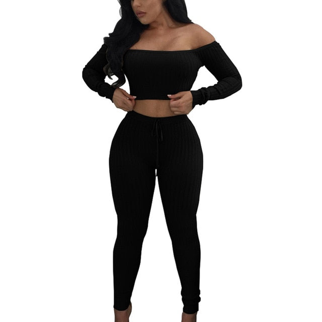 Two Piece Off Shoulder Bandage Crop Top & Leggings Set