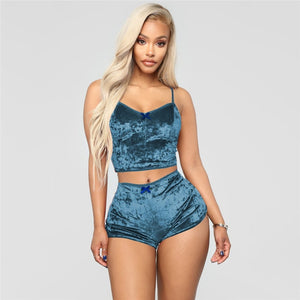 Two Piece Sleeveless Velvet Spaghetti Strap Suit
